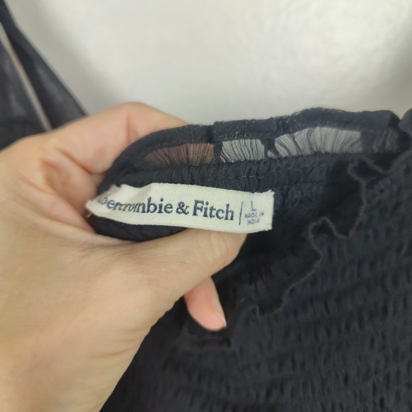 Abercrombie & Fitch Dress Womens Large Black‎ Tie Strap Smocked Midi Romantic - Picture 7 of 10
